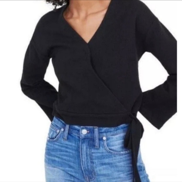 Madewell Texture & Thread Black Wrap Side Tie Cropped Top Women's Small S EUC - Picture 2 of 6